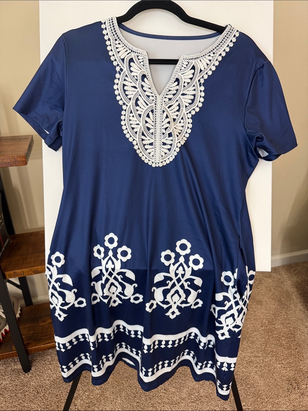 Amazon Navy Blue Midi Dress with White Embroidered V-Neck Shirt Dress Size M